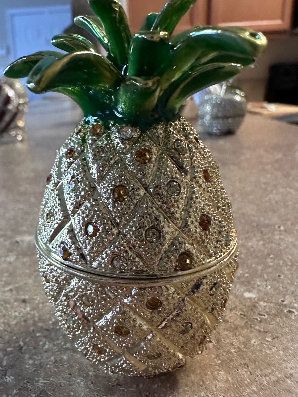 Jeweled Pineapple Trinket Box - Gold with Green Top